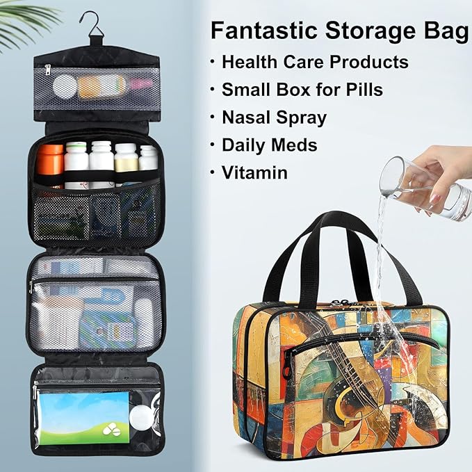 Fustylead Abstract Guitar Modern Art Pill Organizer Bag Large Medicine Travel Carrying Case with Zipper for Vitamin Supplements Fish Oil, Empty First Aid Kit for Hiking Camping