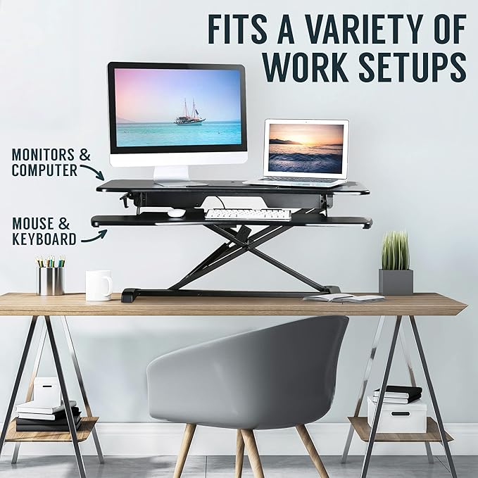 TechOrbits Standing Desk Converter-32-inch Height Adjustable, MDF Wood, Sit Riser-Black, 32"