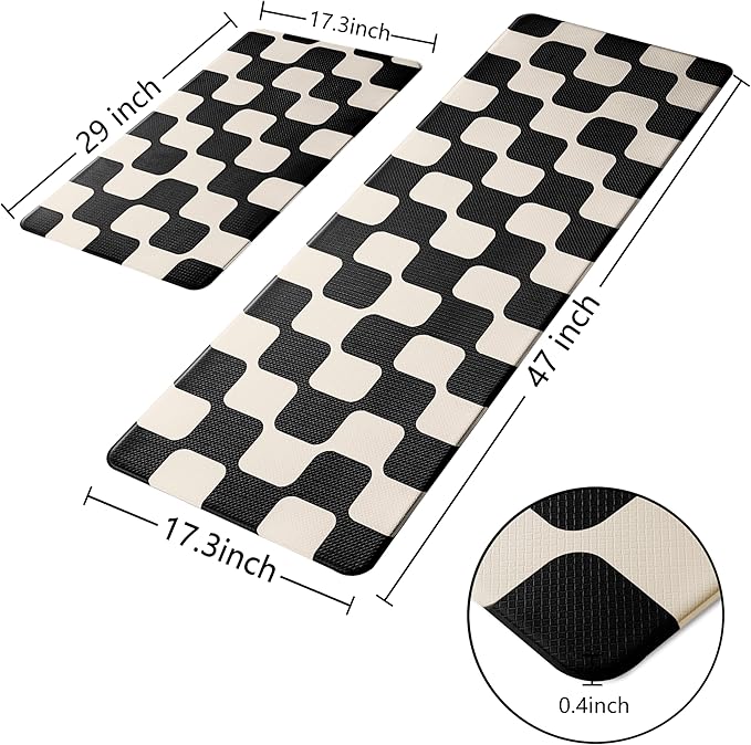 Black Beige Retro Curvy Checkered Grid Checkerboard Kitchen Rug Sets [2 PCs], Anti-Fatigue, Waterproof Non-Slip Kitchen Mats Heavy Duty Comfort Foam Rug for Floor, Home, Laundry,17"x29"+17"x47"
