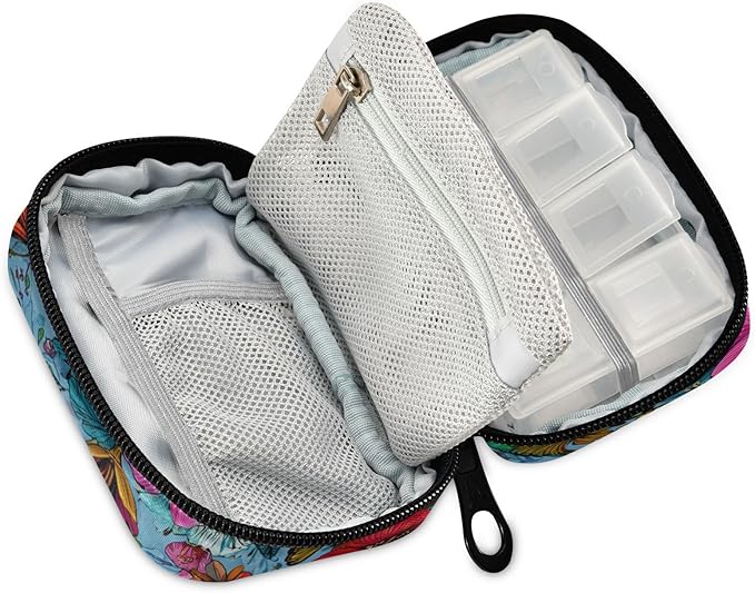 Blue Tropical Flowers and Butterflies Travel Pill Organizer Case Box Container Weekly Portable Vitamin Medicine Holder Storage Bag with Zipper Removable