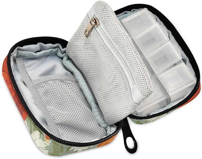 Poppy and Daisy Flowers Green Travel Pill Organizer Case Box Container Weekly Portable Vitamin Medicine Holder Storage Bag with Zipper Removable