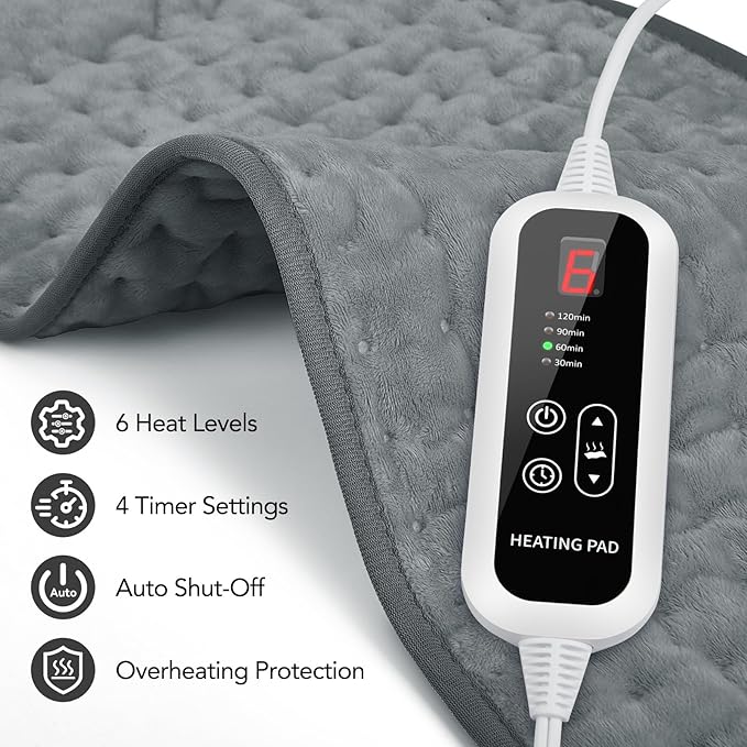 Extra Large Heating Pad for Back Pain Relief - 33"x17" Electric Heat Pad,6 Heat Settings &4 Auto Off, Machine Washable,Overheat Protection,for Shoulders,Neck,Period Cramps,Gifts for Women Men [Gray]