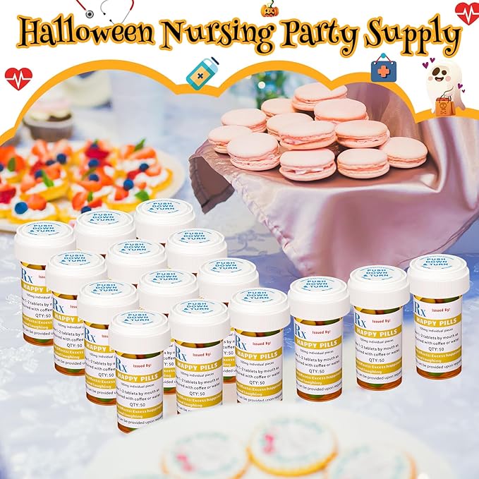 50 Set Nursing Halloween Party Supplies 50 Empty Pill Bottles with Caps Plastic Medicine Containers with 50 Sticky Label Pill Vial for Nurse Party Favors Serve(13 Dram)