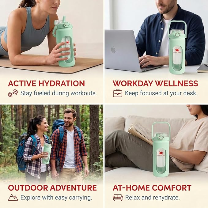 32 oz Glass Water Bottle – Light Green | Borosilicate with Time Markers, Flip Straw & Silicone Sleeve – Compact Leakproof Hydration for Travel or Office