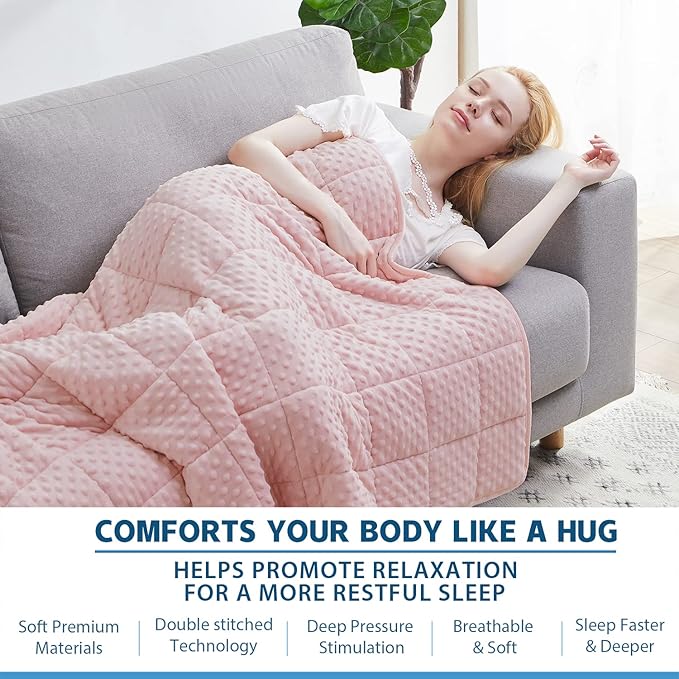 Weighted Blanket Twin 15lbs for Adult(48"×78",Pink) Breathable Soft Minky Weighted Throw Blanket for All Season,Heavy Blanket with Premium Glass Beads
