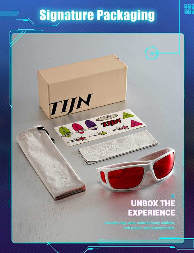 TIJN Sonia Red Sleep Glasses Orange Lens for Blue & Green Light Blocking,Dual AR Coating,Wraparound Frame for Gaming Screen