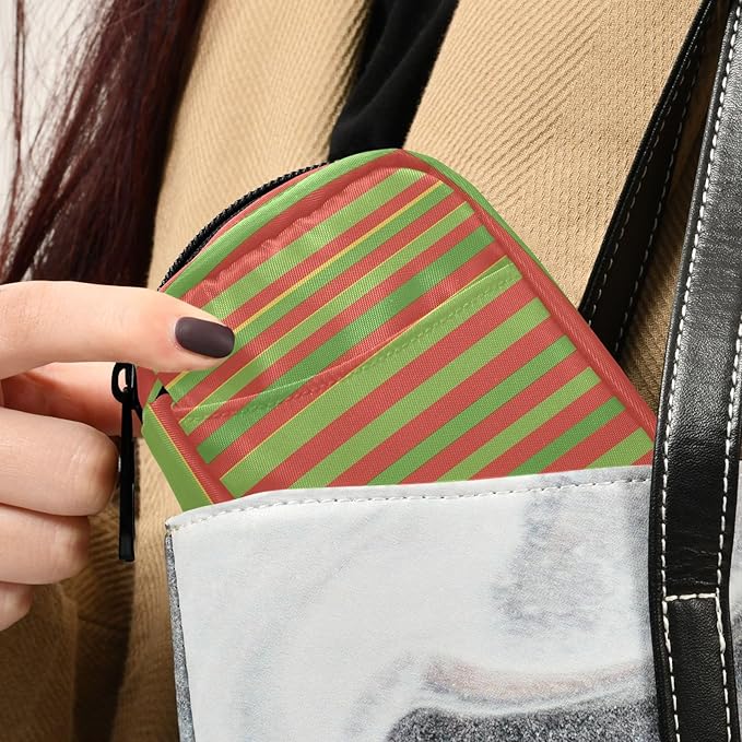 Green Red Stripe Travel Pill Case Bag with Compartments Twill Fabric Organizer with Plastic Inner Box for Medication Vitamins & Supplements