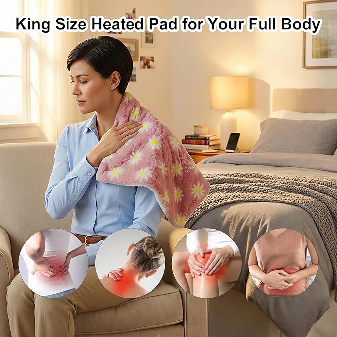 GOQO TOMO Heating Pad, 12 x 24 Inch, Pink Floral Pattern, Machine Washable, 8 Timer Settings, 12 Heat Levels, for Back Pain Relief-P01