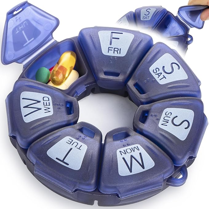 Round Weekly Pill Organizer, Soft-Touch Silicone, Travel Pill Container 7 Day, with 7 Large Compartments, Great for Daily Vitamins & Supplements, Cute Pill Case with Large Letters and Braille (Blue)