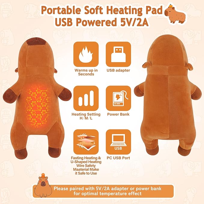 Capybara Heating Pad for Cramps & Menstrual Pain Relief,Cute Stuffed Animal Electric Heating Pad,USB Powered Heated Stuffed Animals,14''Portable Plush for Neck/Back/Shoulder,Gift for Women Wife Girls