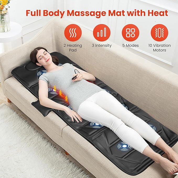 CooCoCo Massage Mat with Heat, Massage Pad with 10 Vibration Motors, Full Body Massager for Neck and Back, Bed Massager for Shoulders, Lumbar, Leg, Gifts for Mom Dad, Birthday Gifts for Men Women