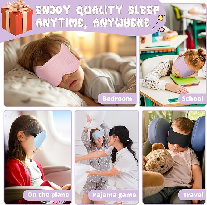 Kids Sleep Mask Eye Mask: 3D Contoured Cup Sleeping Masks, Blindfold with Adjustable Strap, Kids Eye Cover for Boys, Girls, Teens, Pressure-Free with Memory Foam Face Mask for Sleeping (Purple)
