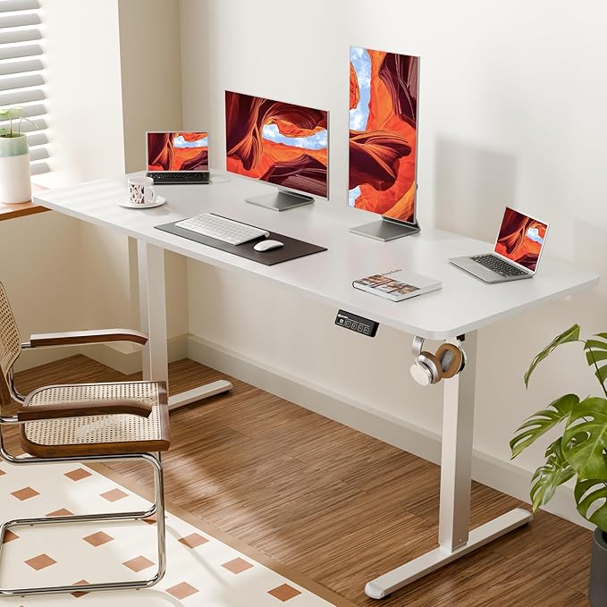 ERGOMAKER Electric Standing Desk, 63" x 23.6" Height Adjustable Sit Stand Desk with Splice Board for Home Office, Computer Desk Memory Preset (White Frame, White Desktop)