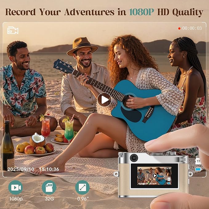 Mini Digital Camera, Keychain Camera 1080P HD with 2MP Lens, Flash, Video Recording, 32G Card Included, Portable and Compact Retro Vlog Camera for Travel, Kids, Beige
