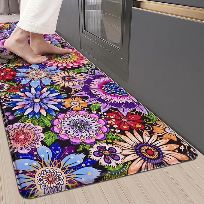 Likiyol Boho Kitchen Rugs Boho Floral Anti Fatigue Kitchen Mat for Floor Bohemian Flowers Non Slip Washable Kitchen Floor Mats, Comfort Standing Mat for Sink, Laundry, 18''x60'', 0.47" Th, Purple