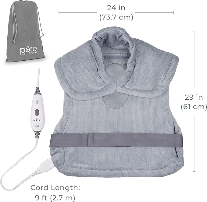 Pure Enrichment PureRelief XL Extra-Long Back & Neck Heating Pad, Safe Heat Therapy for Sore Muscles, Pain, & Cramps in Neck, Back, & Shoulders, 4 Heat Settings w/Auto Shut-Off, Soft Fabric (Gray)