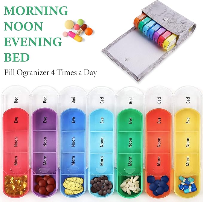 Pill Organizer,LIZIMANDU Weekly Travel Pill Case Box Medication Reminder Daily AM PM, Day Night 7 Compartments,for 4 Times A Day, 7 Days a Week-Includes Leather PU Carrying Case(1-Carved Grey)