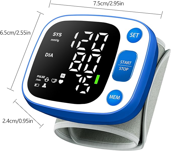 Oklar Blood Pressure Monitors for Home Use Rechargeable Wrist Digital BP Machine Cuff with LED Backlit Display, Voice Broadcast, 240 Memory Storage for 2 Users with Carrying Case, Blue