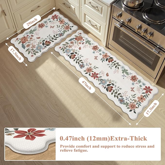 Collive Kitchen Mats Cushioned Anti Fatigue, Scalloped Waterproof Kitchen Floor Mat Beige Sink Rug 2 Piece Non Slip, Comfort Desk Standing Rugs for Bedroom, Office, Laundry