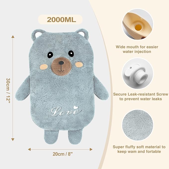 Hot Water Bottle wtih Cover, Hot Water Bag, 2L Rubber Warm Hot Water Bottles Pouch with Soft Waist Cover for Neck, Shoulder, Back, Hand, Legs and Period Pain Relief