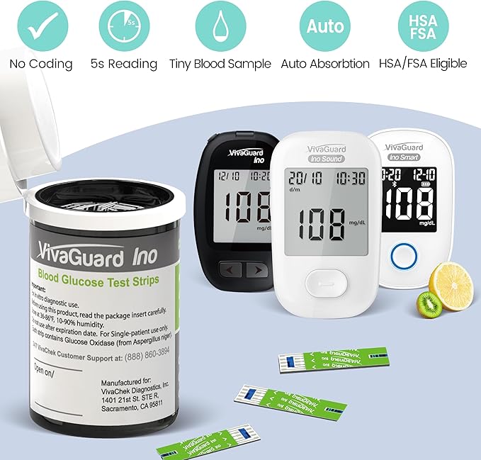 VivaGuard Ino Blood Glucose Test Strips, Blood Sugar Test Strips for Diabetes, 100 Count per Box, Only for VivaGuard Ino Series Blood Glucose Meter (VGM26 VGM01 VGM04).