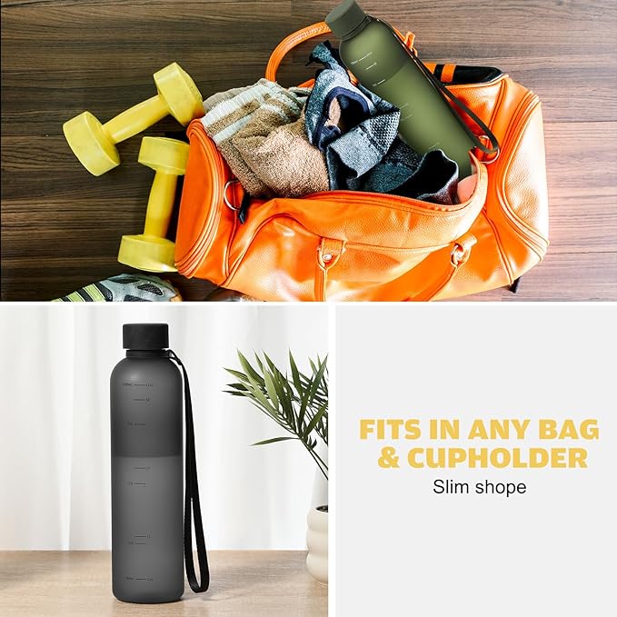 32oz Slim Water Bottle [Lightweight & Shatterproof] with Straw and 2 Lids, Stainless Steel Lid & Bamboo Straw Lid for Travel, Sports, School, Gym- Dishwasher Safe(Black Clear)