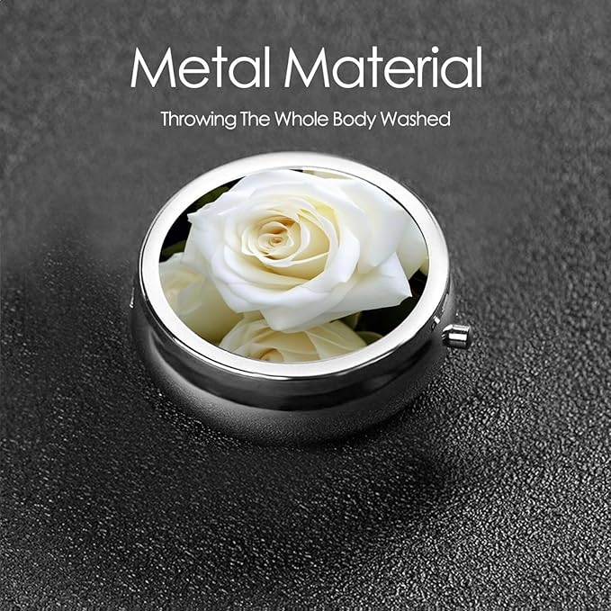 Pill Box with Mirror White Rose 3 Compartment Small Pill Case for Purse Or Pocket Mini Metal Pill Holder Travel Weekly Medicine Tablet Vitamin Holder Organizer Travel Gifts