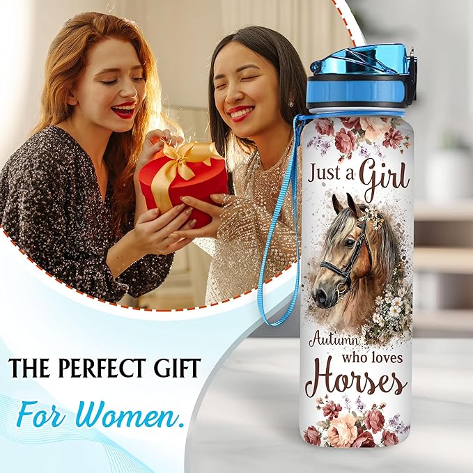 Hyturtle Personalized Just A Girl Who Loves Horses 32Oz Liter Motivational Water Bottle, Customized Name With Time Marker, Gifts For Women, Gifts For Horse Lovers On Birthday, Mother's Day