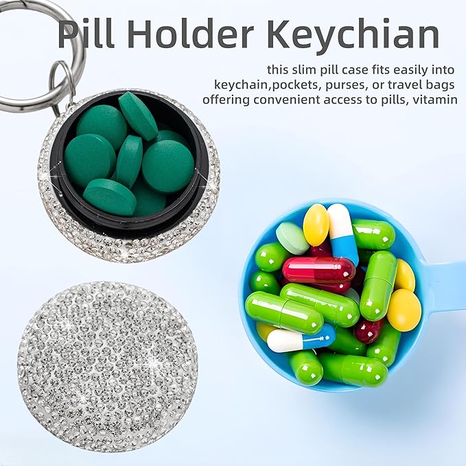 Keychian Pill Holder Round Pill Organizer Key Chain Tiny Pill Case Portable Small Medicine Container for Ring Earplugs Coin (Purple)