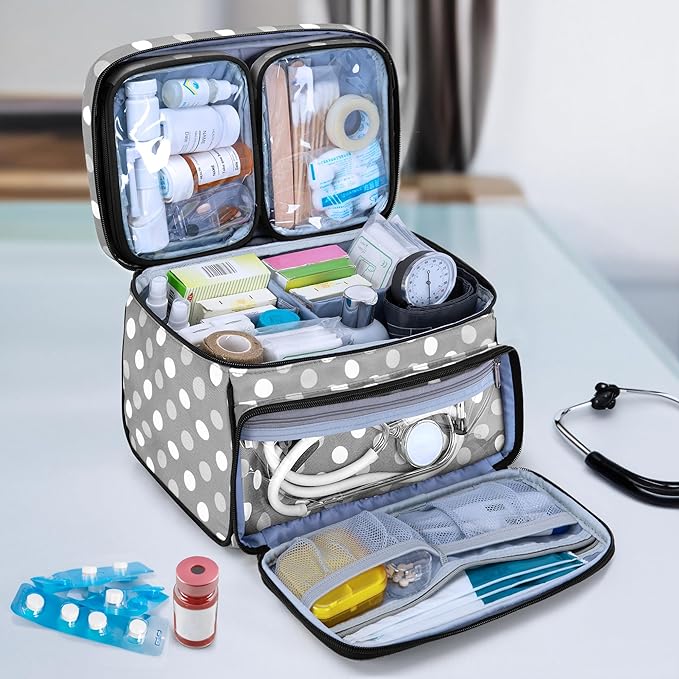 LUXJA Medicine Bag with 2 Detachable Clear Pouches,Travel Pill Bottle Organizer with Detachable Dividers, Gray Dots