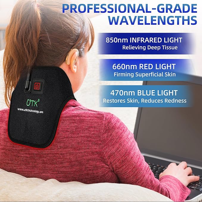 UTK Blue & Red Light Therapy for Neck, 660 & 850nm Near Infrared Light Therapy Neck Wrap Belt for Joint Muscle Pain Relief, Red Light Therapy Device at Home Office,Pulse Mode for Deep Tissue