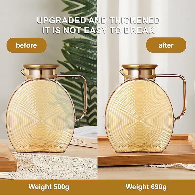 77oz Large Glass Water Pitcher with Gold Lid for Fridge Wide Handle Coffee Carafe for Party Water Jug Lemonade Iced Tea Jug Juice Sun Tea Jar for Drinks 2.2L