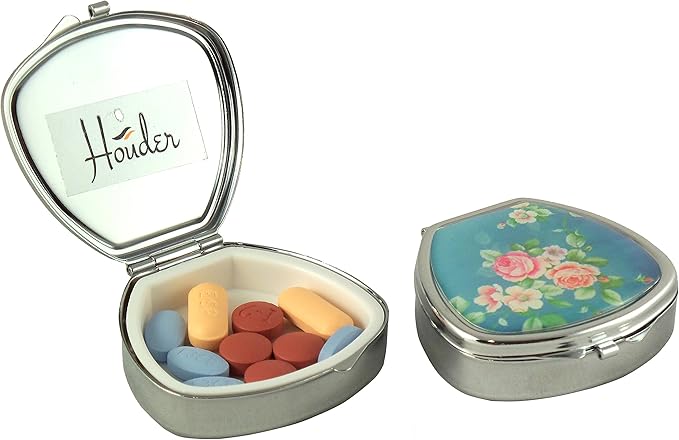 Designer Pill Box by Houder - Decorative Pill Case with Gift Box - Carry Your Meds in Style (Roses)
