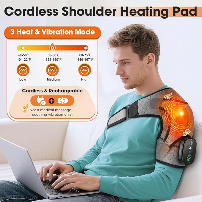 Cordless Shoulder Heating Pad, Shoulder Massager for Pain Relief Deep Tissue, Heated Shoulder Wrap with Heat and Massage for Men Women, Rotator Cuff Pain Heating Pad, Grey