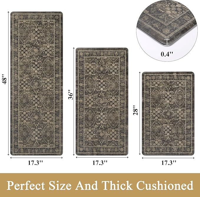 Pauwer Anti Fatigue Kitchen Floor Mats Set of 3, PVC Foam Padded Kitchen Rugs, Non Slip Cushioned Comfort Standing Mat, Waterproof Sink Rug for Small Kitchen Area, Laundry Room, Taupe