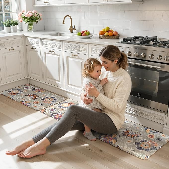 LEEVAN Anti Fatigue Mats for Kitchen Floor 2 Piece,Cushioned Memory Foam Blue Gray Kitchen Mats for Floor,Comfort Floral Boho Non Slip Kitchen Floor Mat for Sink,Laundry(17.3''x29''+17.3''x59'')