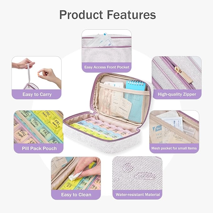 Weekly Travel Pill Organizer Pill Case for Purse with Removable 7 Day Pill Box Holder,Cute Medication Organizer Pill Container for Medicine, Vitamin, Fish Oils,Supplement (Purple, Small)