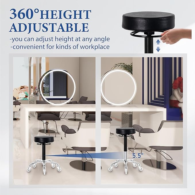 Swivel Rolling Stool Round Chair,Thick Sturdy Padding,Adjustable Stool with Wheels for Doctor(Black)