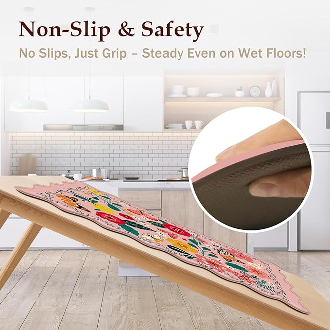 Scalloped Pink Valentines Kitchen Mats for Floor 2PC Cushioned Anti Fatigue Kitchen Mats Rugs Waterproof Non Slip Farmhouse Boho Floral Comfort Foam Standing Mat for Sink Laundry