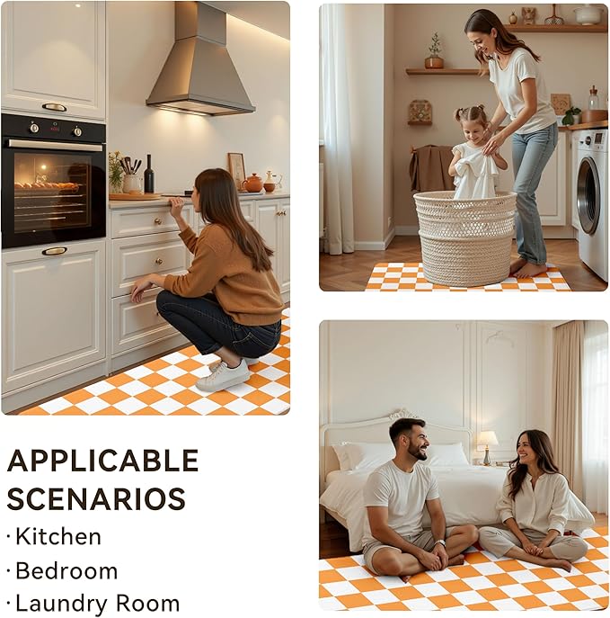 White Orange Checkered Grid Checkerboard Kitchen Rug Sets [2 PCs], Anti-Fatigue, Waterproof Non-Slip Kitchen Mats Heavy Duty Comfort Foam Rug for Kitchen, Floor, Laundry,17"x29"+17"x47"