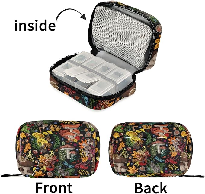 Pill Box Mushrooms Plants Insects Berries 7 Day Pill Case Travel Pill Organizer Bag with Zipper Portable Weekly Vitamin Medicine Supplement Holder Pouch Bag