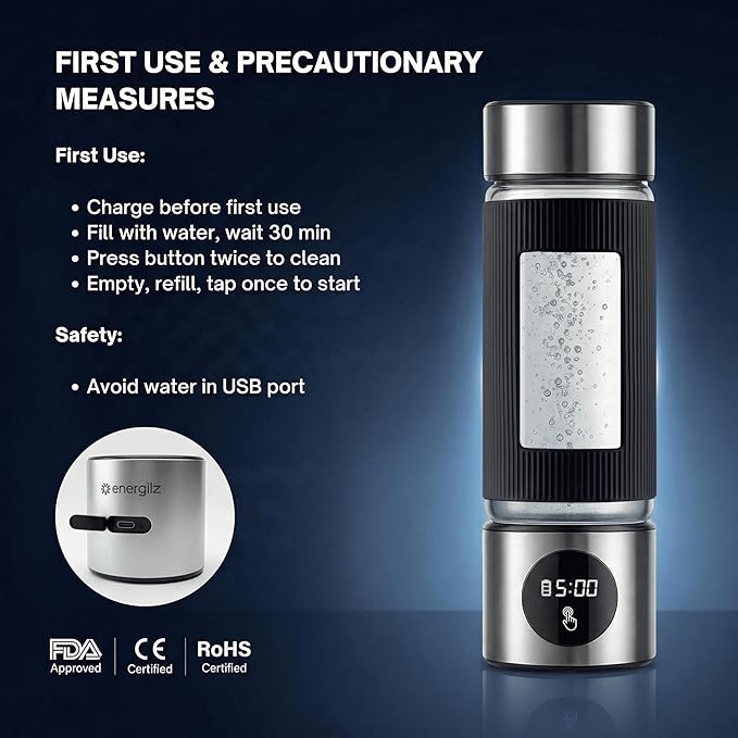Hydrogen Water Bottle | 16.2 oz (480 ml) Hydrogen Water Generator | 6000 PPB Hydrogenator Machine | SPE/PEM Ionizer Generator (Silver)