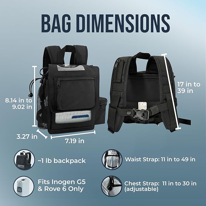 O2TOTES Premium Backpack – Fits Inogen One G5 & Inogen Rove 6, Lightweight with Padded Straps & Zippered Bottom