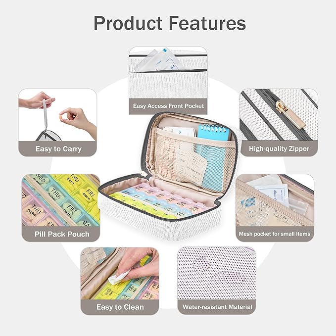 Weekly Travel Pill Organizer 3 Times A Day Pill Case for Purse with Removable 7 Day Pill Box Holder,Cute Medication Organizer Pill Container for Medicine, Vitamin, Supplement(Dark Grey, Large)