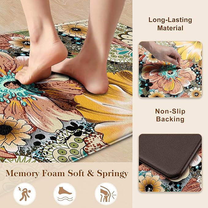 Kitchen Mats For Floor Cushioned Anti Fatigue Sets of 2 Boho Floral Kitchen Rugs Non Slip Waterproof Foam Kitchen Floor Mats Padded Comfort Standing Mat Rug For Sink Laundry Office, 17.3x28+17.3x59