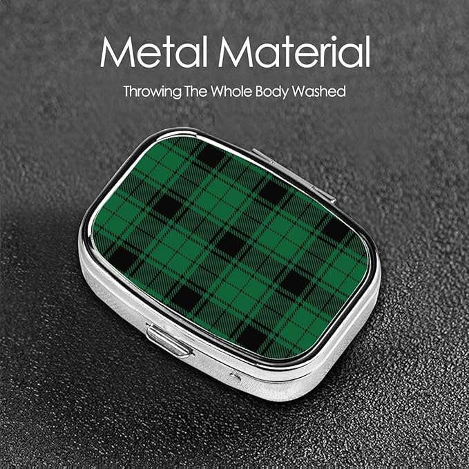 Pill Case Green Black Buffalo Check Plaid Pattern Pill Box with Mirror Retro Pocket 2 Compartment Medicine Case Vitamin Pill Organizer for Pocket Purse and Travel Gifts