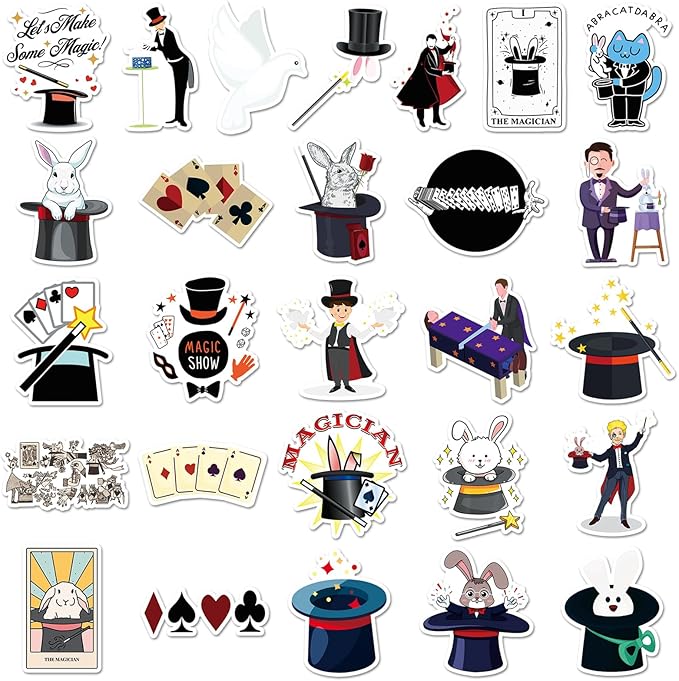 53pcs Magician Stickers, Waterproof Vinyl Stickers with Rabbit, Poker, Hat & Magic Wand Patterns, Suitable for Kids & Adults, Decor for Laptop, Phone