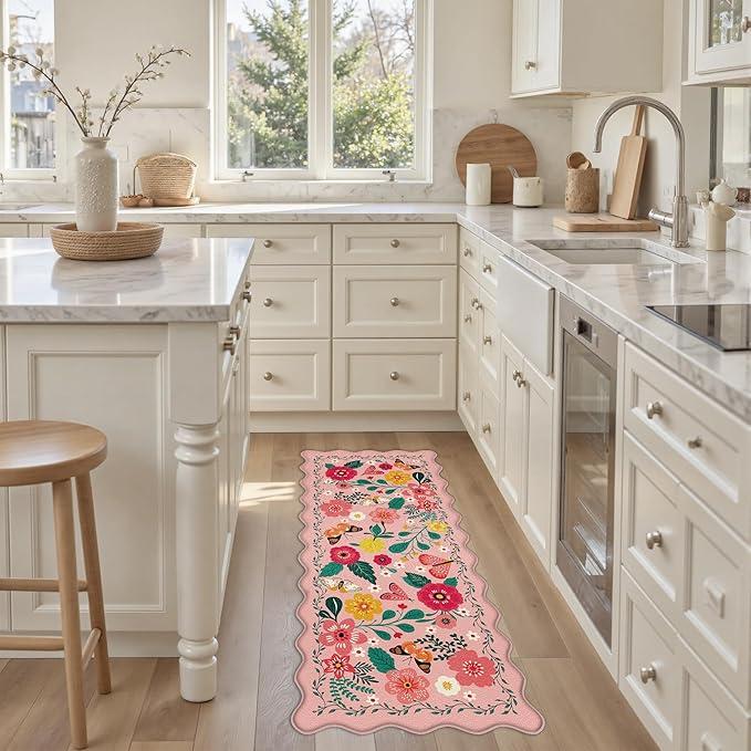 Scalloped Pink Kitchen Mats for Floor Cushioned Anti Fatigue Kitchen Mats Rugs Waterproof Non Slip Farmhouse Boho Floral Comfort Foam Standing Mat for Sink Laundry, 17.3x47