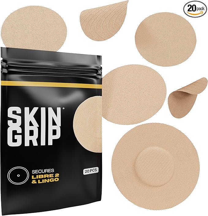 Skin Grip Freestyle Libre 2 Sensor Covers & Lingo CGM – Waterproof and Sweatproof Adhesive for 10-15 Days, Pre-Cut Medical Tape, Continuous Glucose Monitor Patch – 20 Pack, Tan