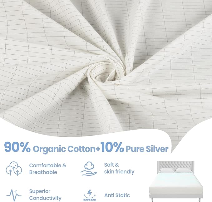 Grounding Sheets White King Size - 90% Organic Cotton + 10% Pure Silver Fitted Bed Sheet for Earthing - 400 Thread Count Deep Pocket Grounded Sheet - Improved Sleep Down to Earth Ground Bedding